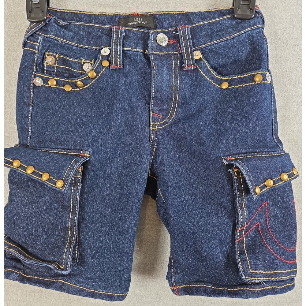 True Religion Boys 8 Denim Cargo Short Ricky Relaxed Straight Studs Stretch 5344